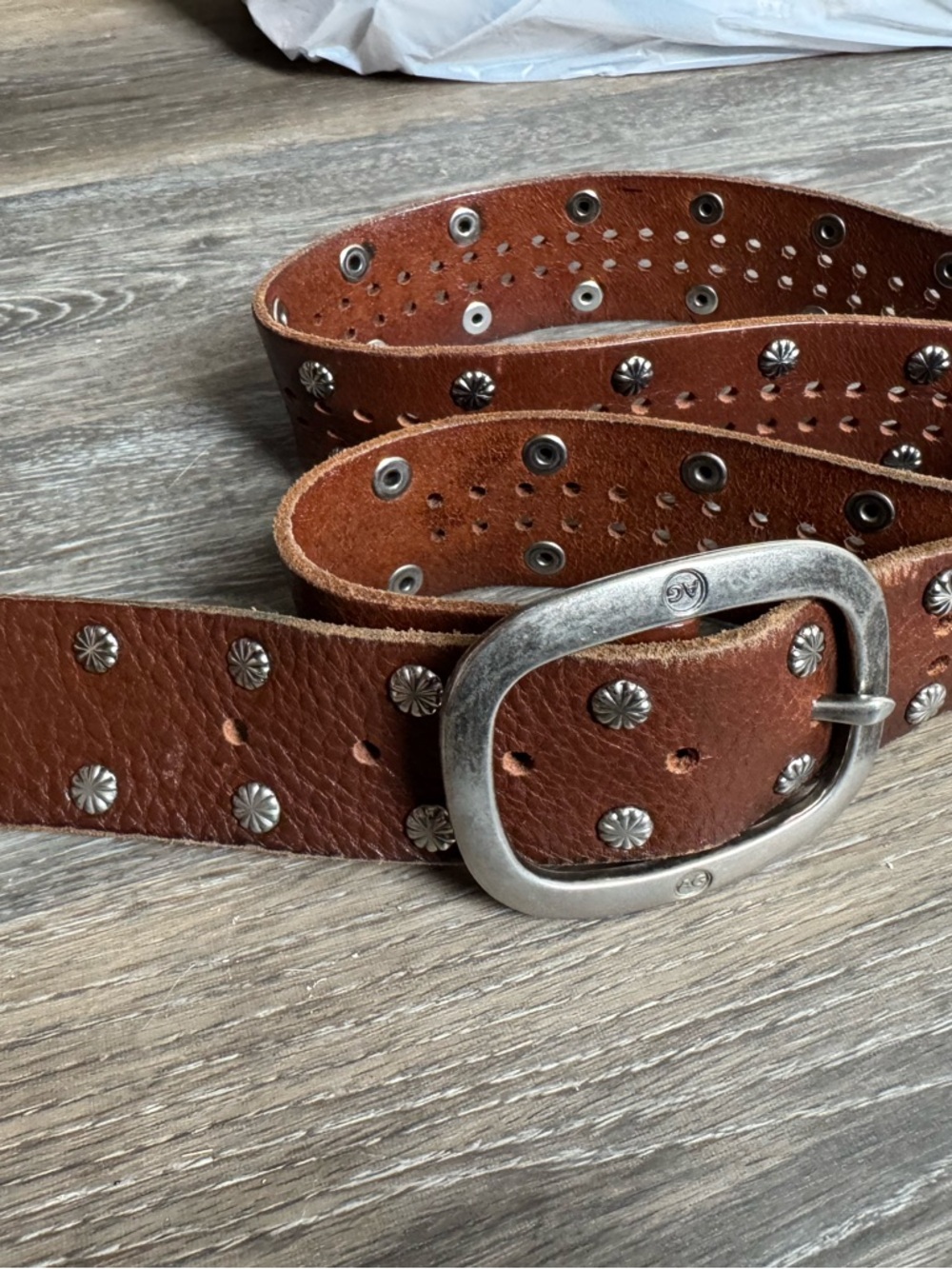 Ag Adriano Goldschmied Brown Leather Studded Belt with Silver Buckle